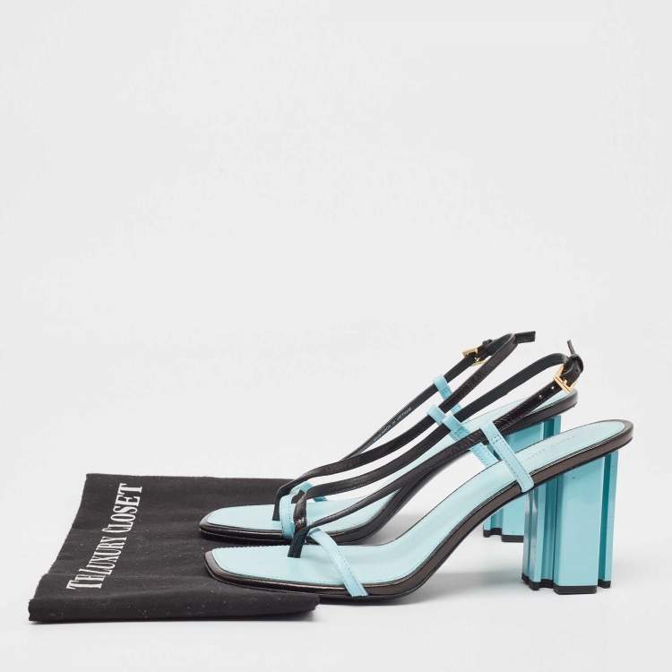 مملوكة مسبقًا Tory Burch Blue/Black Leather T Stamp Sandals Size 39