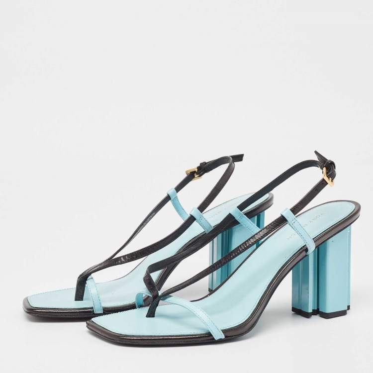 مملوكة مسبقًا Tory Burch Blue/Black Leather T Stamp Sandals Size 39