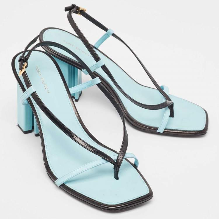 مملوكة مسبقًا Tory Burch Blue/Black Leather T Stamp Sandals Size 39