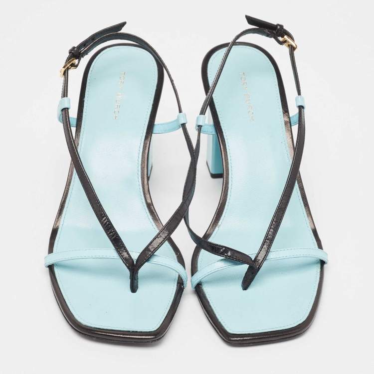 مملوكة مسبقًا Tory Burch Blue/Black Leather T Stamp Sandals Size 39