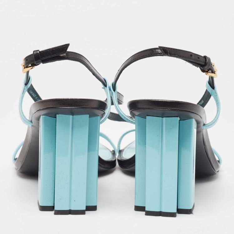 مملوكة مسبقًا Tory Burch Blue/Black Leather T Stamp Sandals Size 39