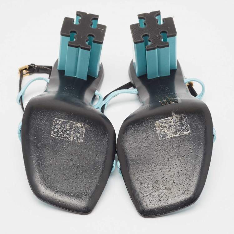 مملوكة مسبقًا Tory Burch Blue/Black Leather T Stamp Sandals Size 39
