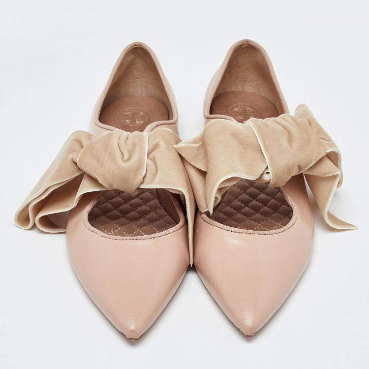 Pre Owned Tory Burch Pink/Beige Leather and Velvet Clara Pointed Toe Ballet Flats Size 39.5