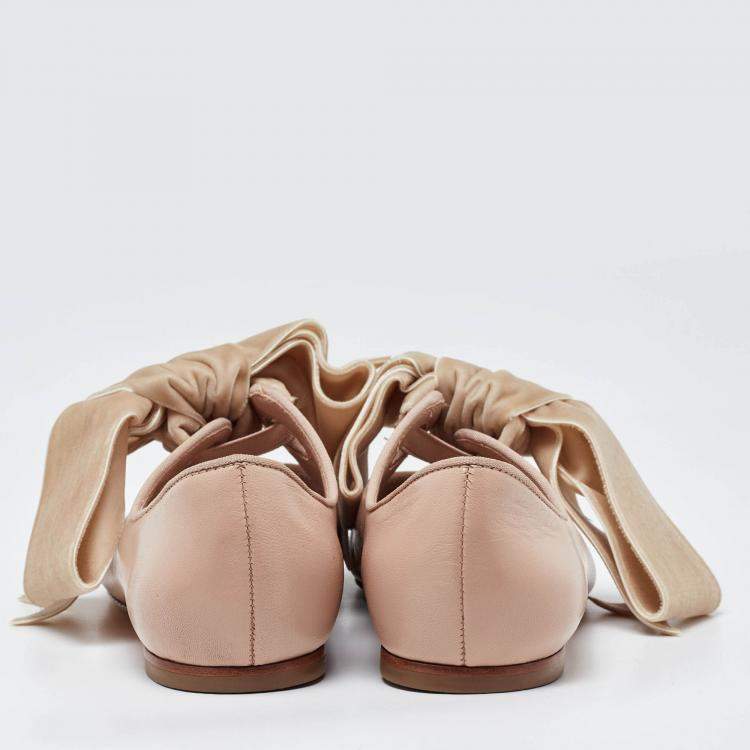 Pre Owned Tory Burch Pink/Beige Leather and Velvet Clara Pointed Toe Ballet Flats Size 39.5