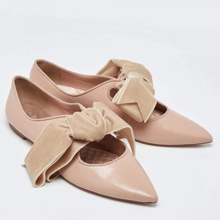Pre Owned Tory Burch Pink/Beige Leather and Velvet Clara Pointed Toe Ballet Flats Size 39.5