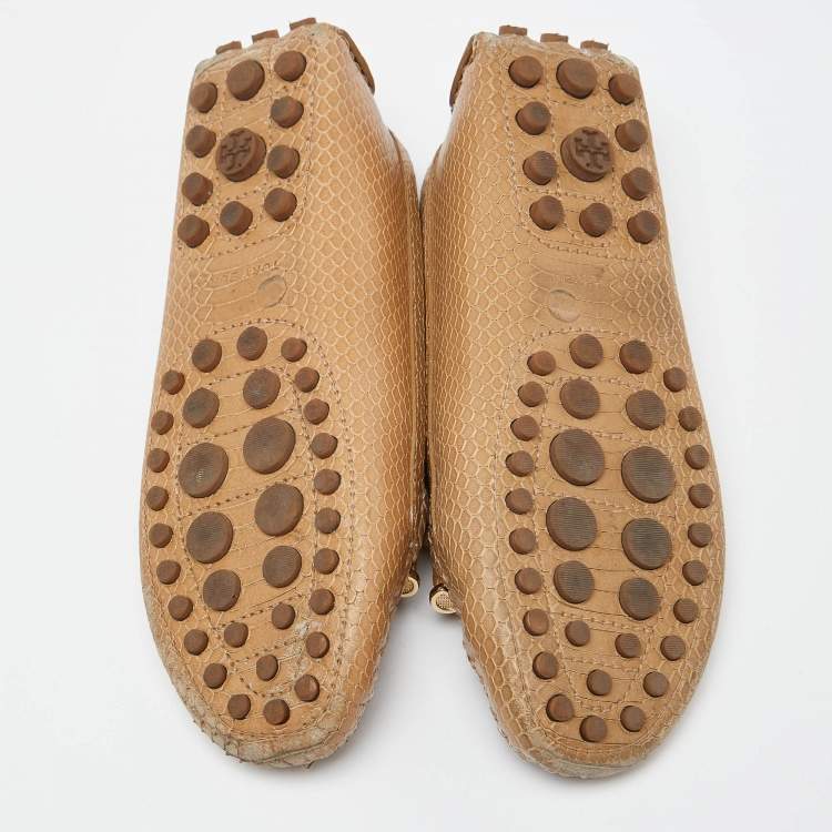 Pre Owned Tory Burch Beige Snakeskin Embossed Leather Driving Loafers Size 36