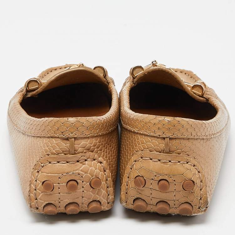 Pre Owned Tory Burch Beige Snakeskin Embossed Leather Driving Loafers Size 36