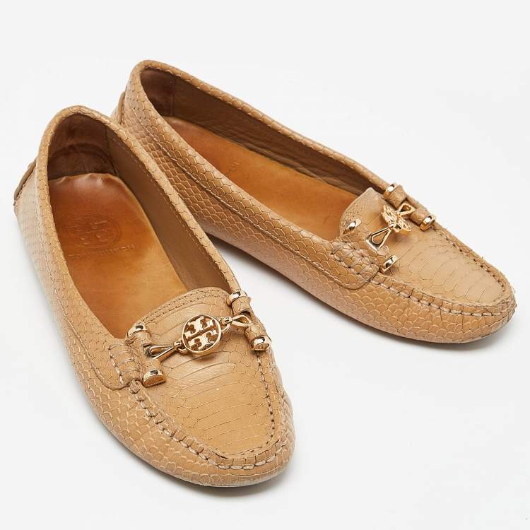 Pre Owned Tory Burch Beige Snakeskin Embossed Leather Driving Loafers Size 36