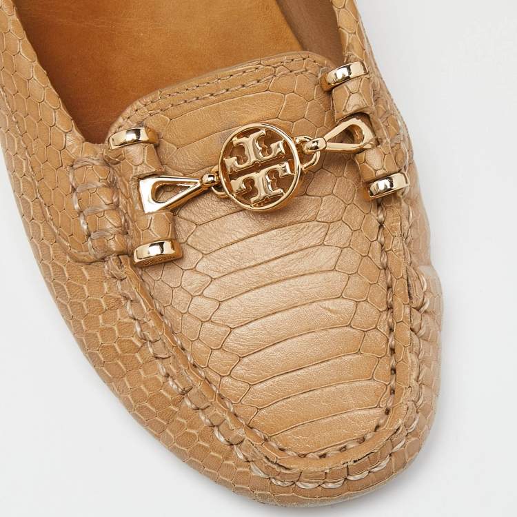 Pre Owned Tory Burch Beige Snakeskin Embossed Leather Driving Loafers Size 36