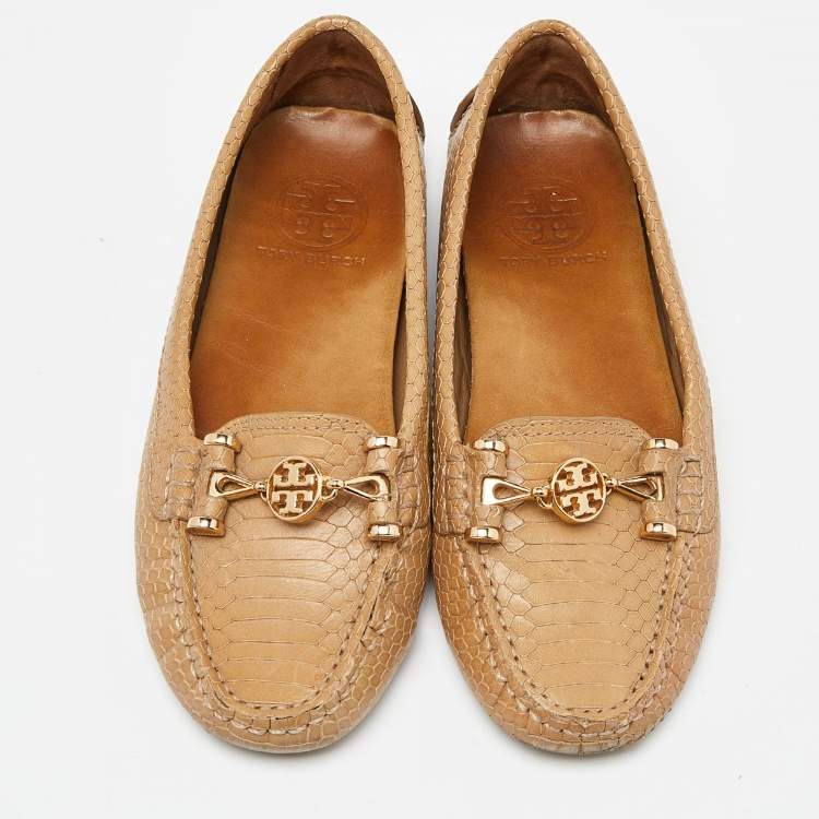 Pre Owned Tory Burch Beige Snakeskin Embossed Leather Driving Loafers Size 36