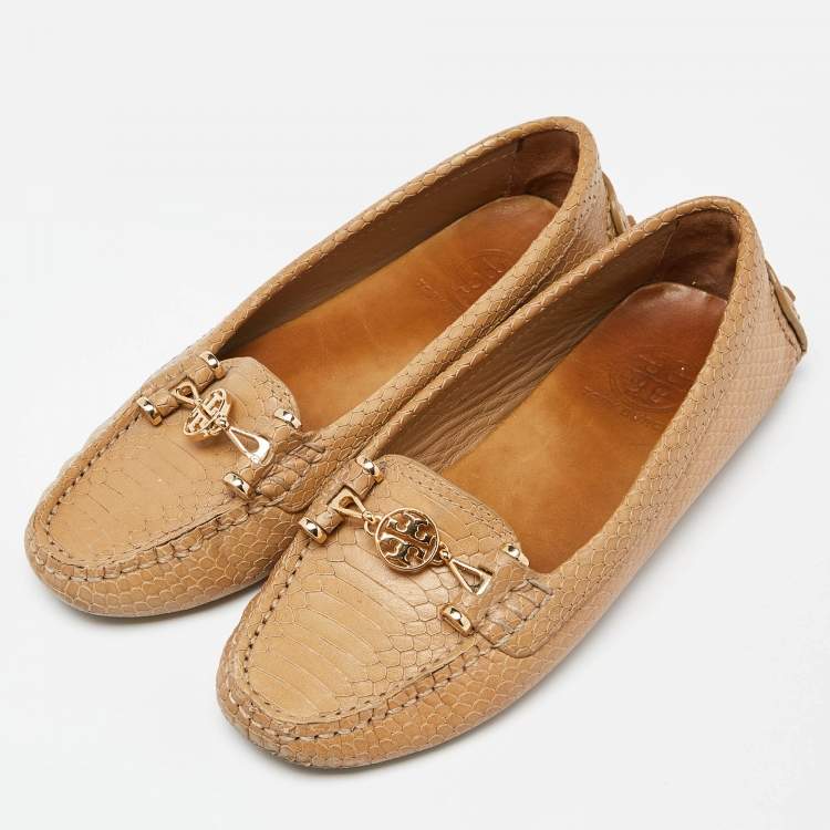 Pre Owned Tory Burch Beige Snakeskin Embossed Leather Driving Loafers Size 36