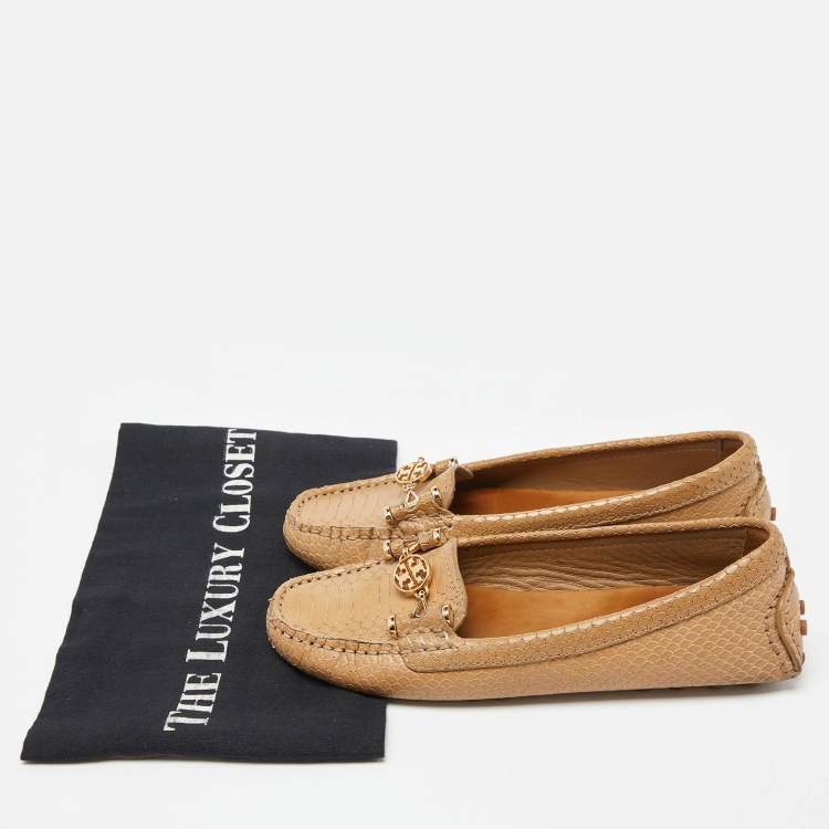 Pre Owned Tory Burch Beige Snakeskin Embossed Leather Driving Loafers Size 36