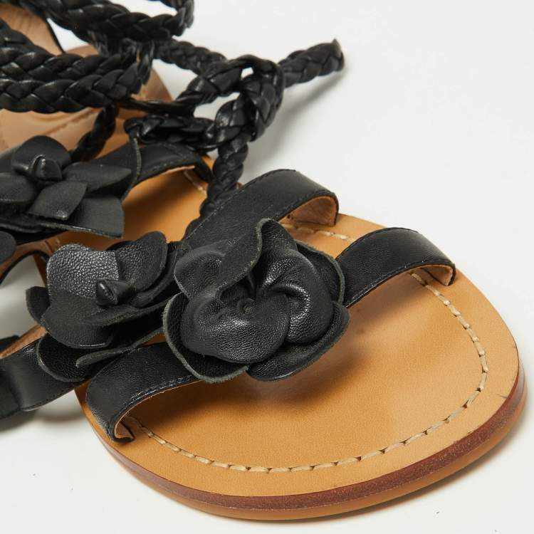 Pre Owned Tory Burch Black Leather Blossom Floral Embellished Flat Gladiator Sandals Size 37