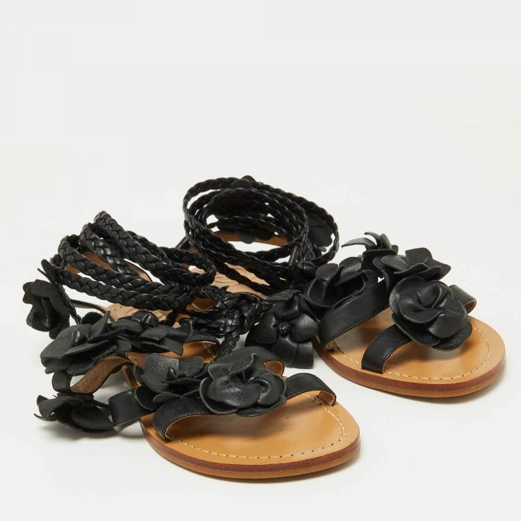 Pre Owned Tory Burch Black Leather Blossom Floral Embellished Flat Gladiator Sandals Size 37