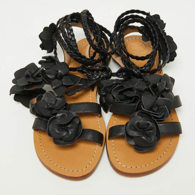 Pre Owned Tory Burch Black Leather Blossom Floral Embellished Flat Gladiator Sandals Size 37