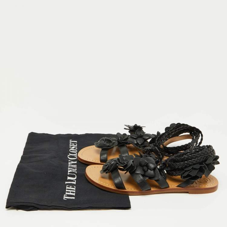 Pre Owned Tory Burch Black Leather Blossom Floral Embellished Flat Gladiator Sandals Size 37