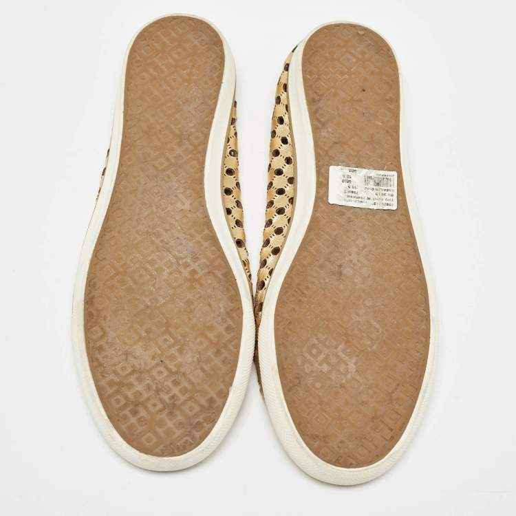 Pre Owned Tory Burch Gold Leather Cut Out Bow Ballet Flats Size 40.5