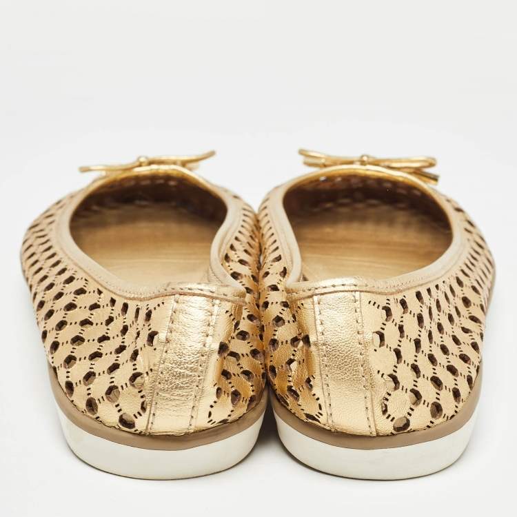 Pre Owned Tory Burch Gold Leather Cut Out Bow Ballet Flats Size 40.5