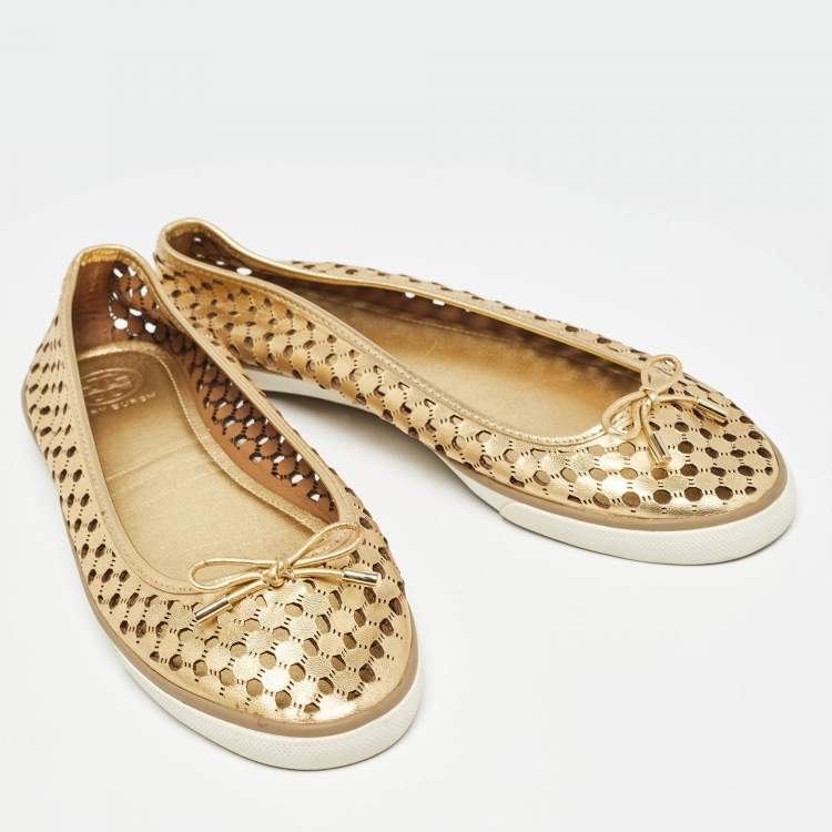 Pre Owned Tory Burch Gold Leather Cut Out Bow Ballet Flats Size 40.5