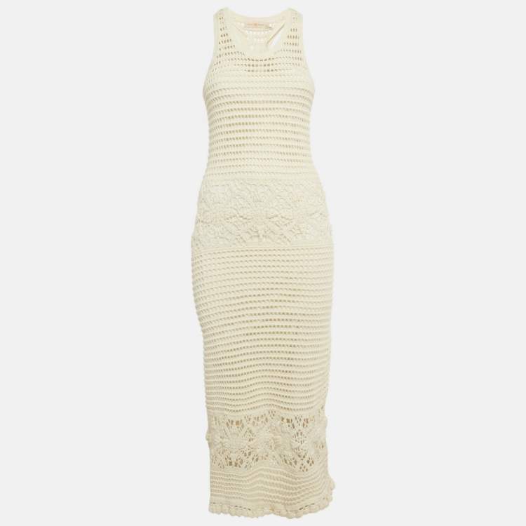 Pre Owned Tory Burch White Crochet Sleeveless Midi Dress M