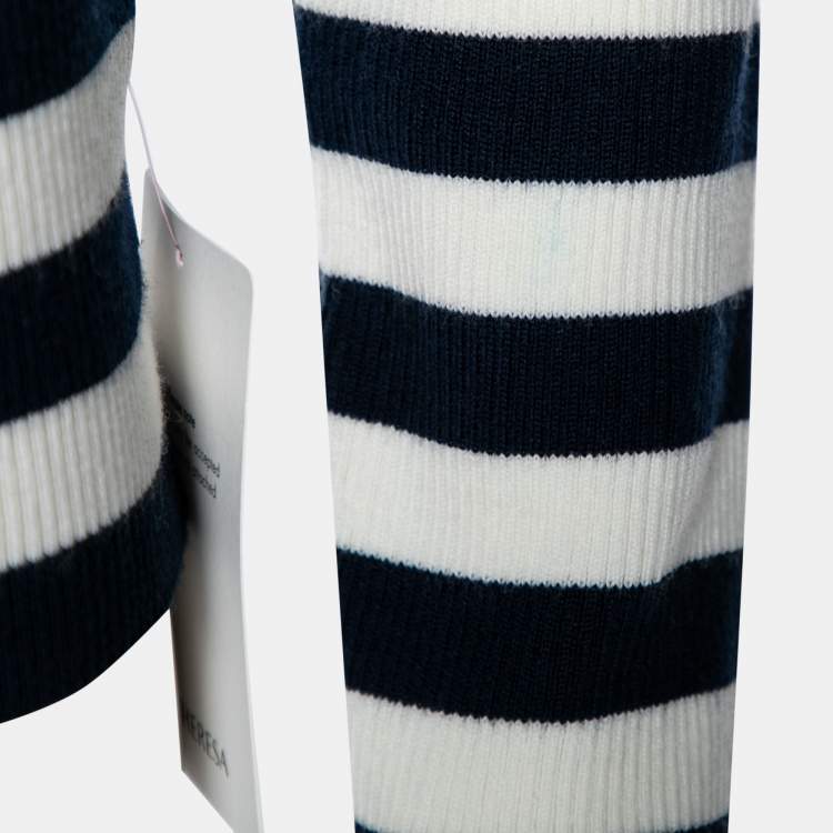 Pre Owned Tory Sport Navy Blue & White Striped Wool Long Sleeve Jumper M 