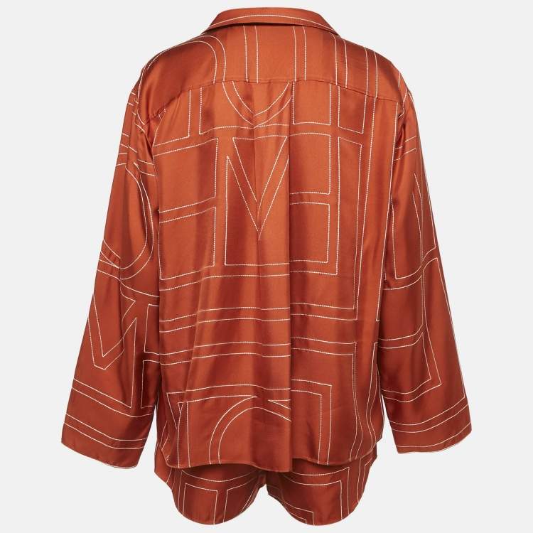 Pre Owned Toteme Brown Embroidered Silk Shirt and Shorts Set S