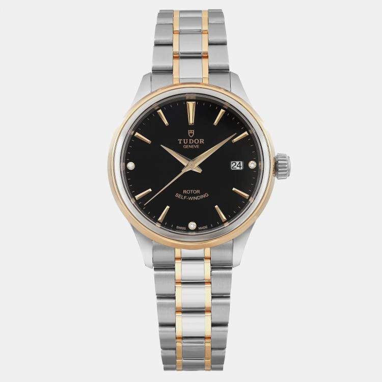 Pre Owned Tudor Black 18k Yellow Gold Steel  Style 12103 Automatic Women's Wristwatch 28mm