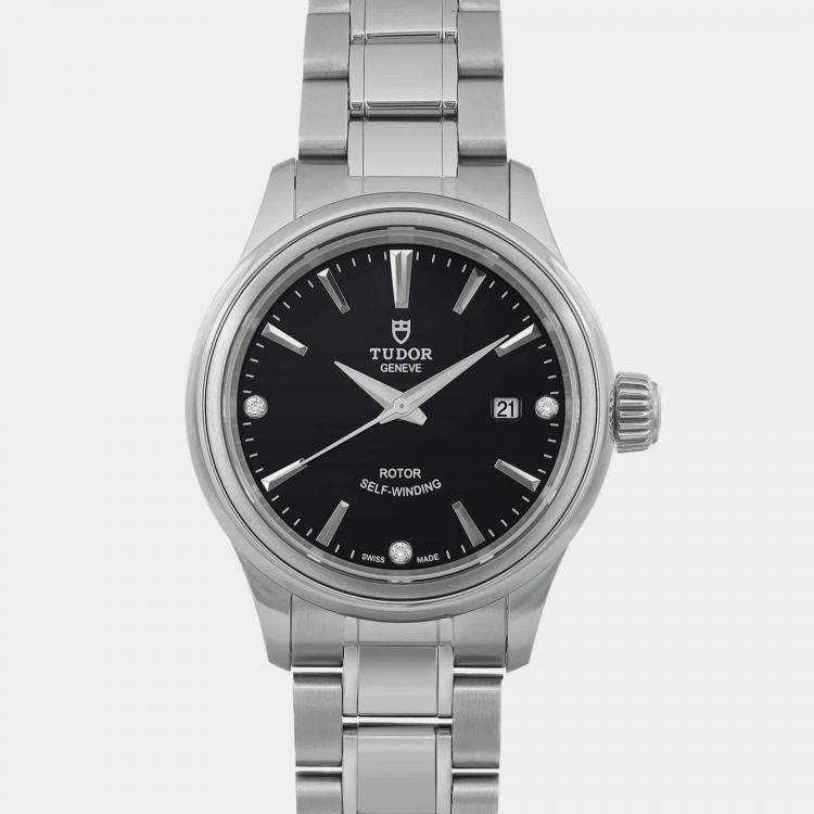 Pre Owned Tudor Black Diamond Stainless Steel Style 12100-0004 Automatic Women's Wristwatch 28 mm