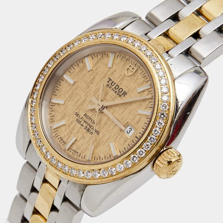 Pre Owned Tudor Champagne 18K Yellow Gold Stainless Steel Classic Date 22023-0012 Women's Wristwatch 28 mm