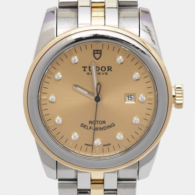 Pre Owned Tudor Champagne Diamond 18k Yellow Gold Stainless Steel Glamour 53003-0006 Women's Wristwatch 31 mm