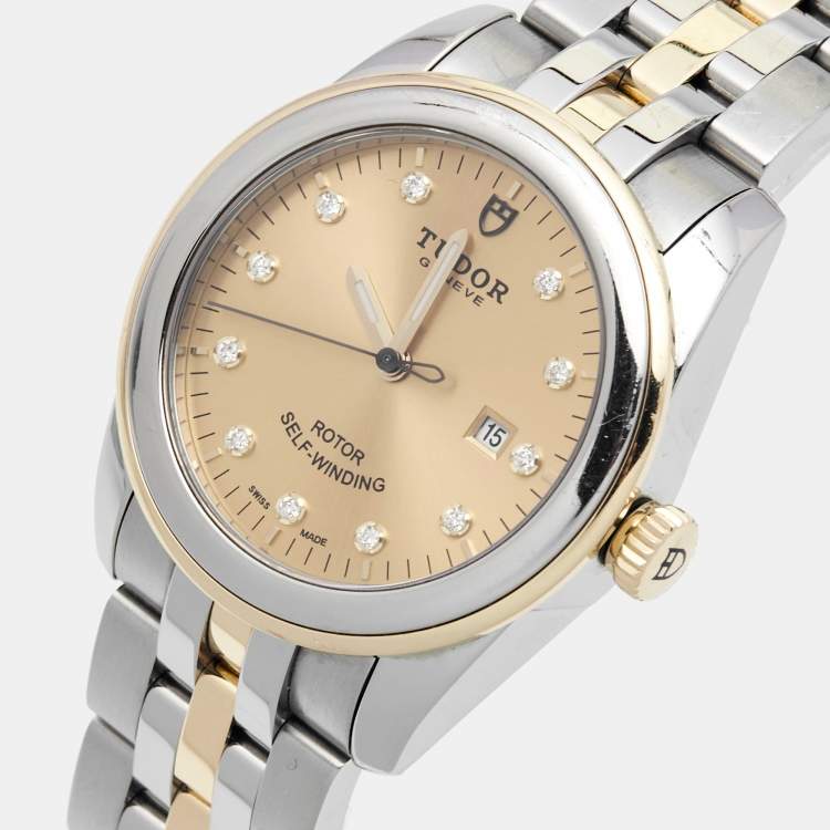 Pre Owned Tudor Champagne Diamond 18k Yellow Gold Stainless Steel Glamour 53003-0006 Women's Wristwatch 31 mm