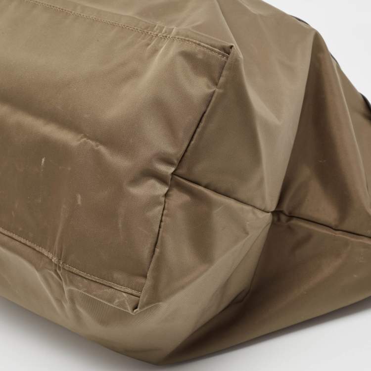 Pre Owned Tumi Khaki Green/Brown Leather and Nylon Packaway Shopper Tote