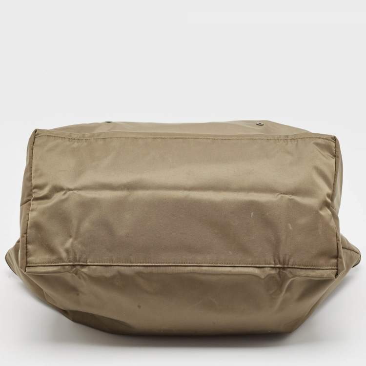 Pre Owned Tumi Khaki Green/Brown Leather and Nylon Packaway Shopper Tote