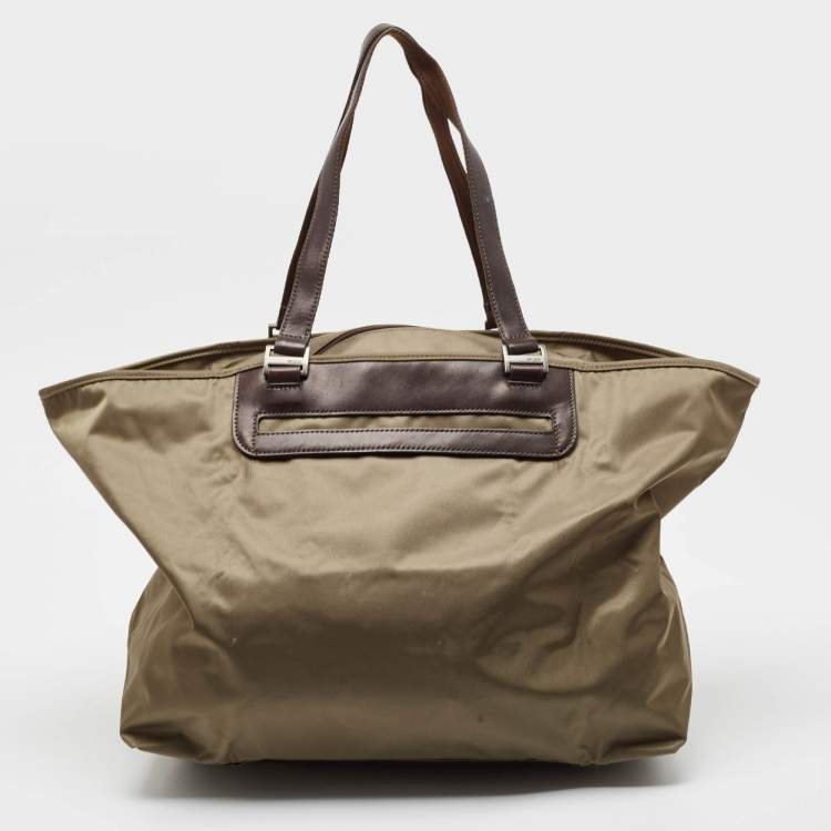 Pre Owned Tumi Khaki Green/Brown Leather and Nylon Packaway Shopper Tote