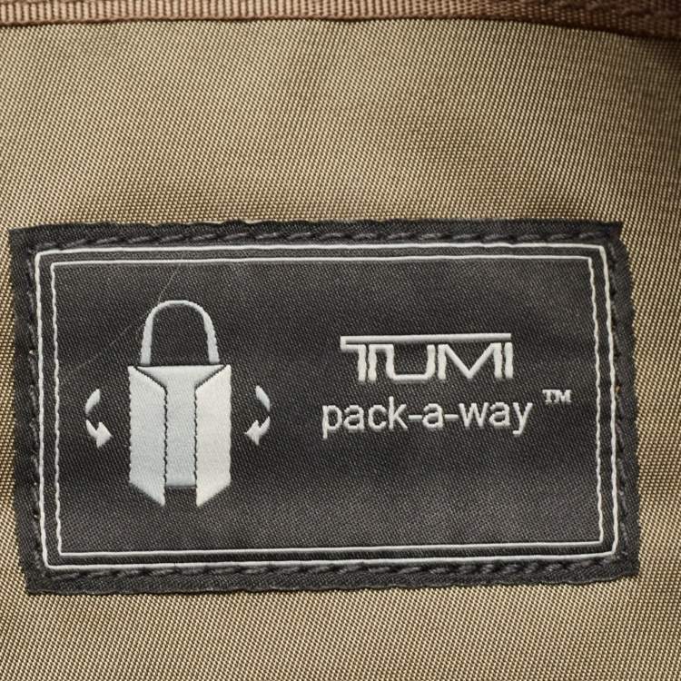 Pre Owned Tumi Khaki Green/Brown Leather and Nylon Packaway Shopper Tote