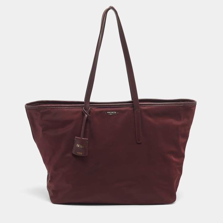 Pre Owned TUMI Burgundy Leather and Nylon Voyageur Everyday Tote