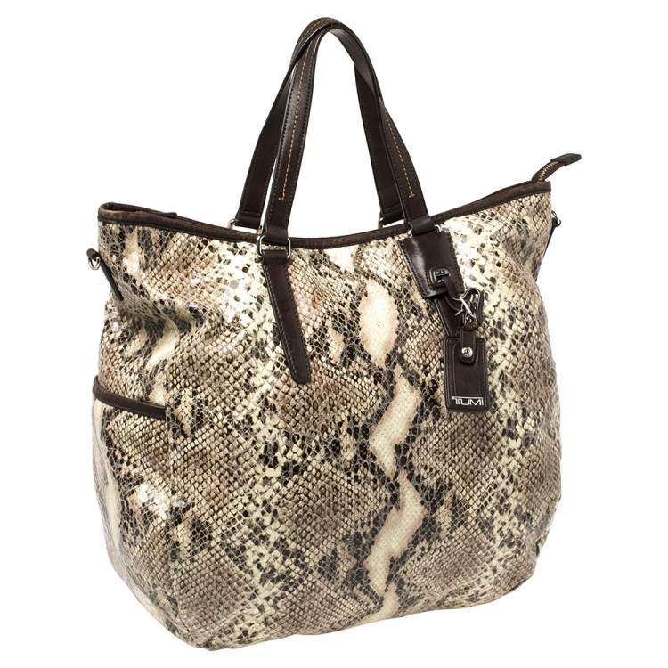 Pre Owned TUMI Brown/Beige Python Effect Leather Zip Shoulder Bag 