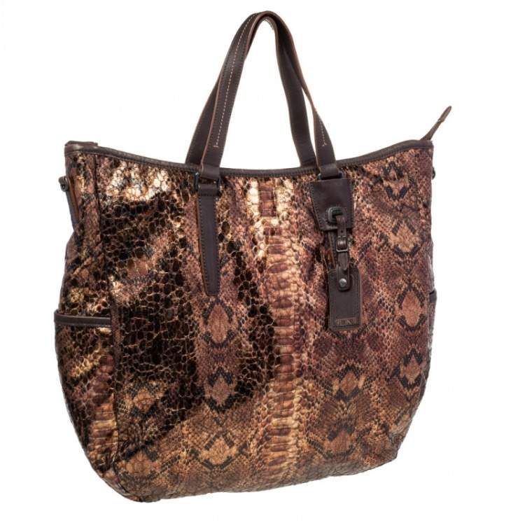 Pre Owned TUMI Metallic/Brown Python Effect Fabric and Leather Bag