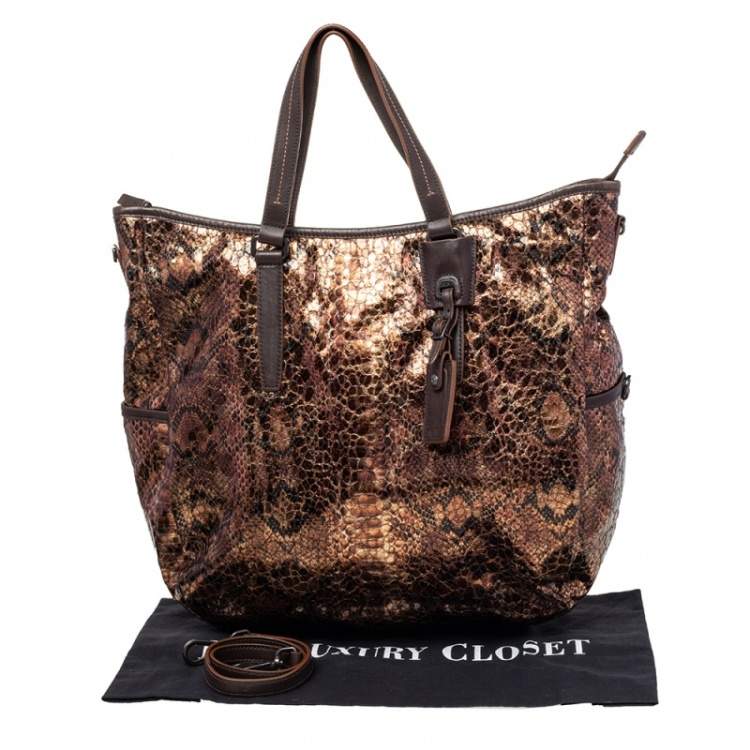 Pre Owned TUMI Metallic/Brown Python Effect Fabric and Leather Bag