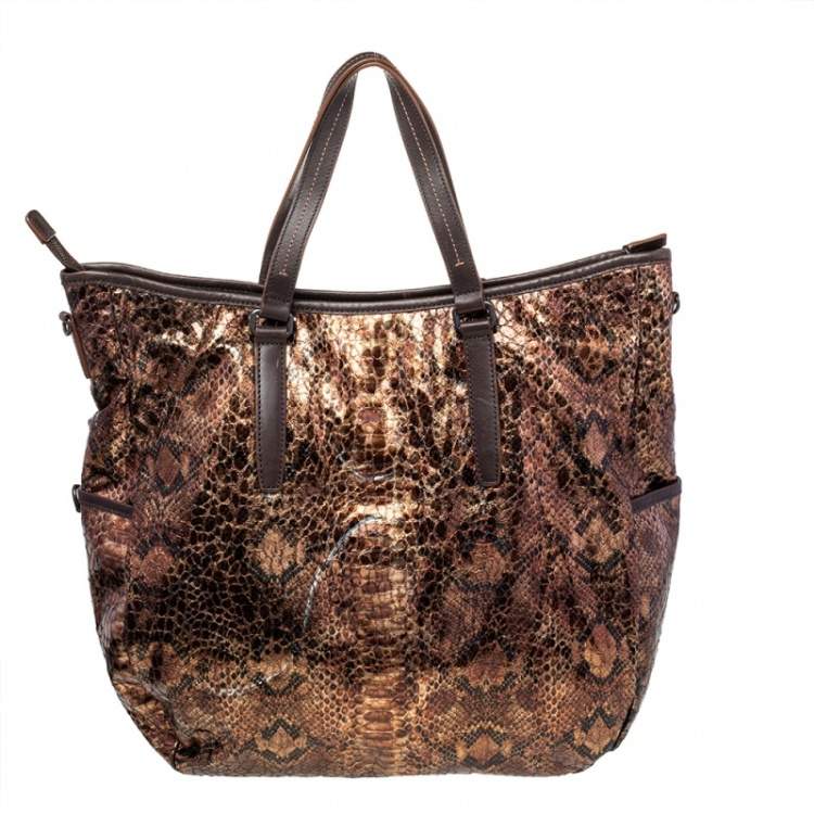 Pre Owned TUMI Metallic/Brown Python Effect Fabric and Leather Bag