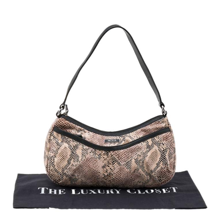 Pre Owned TUMI Black/Beige Python Effect Leather Zip Shoulder Bag