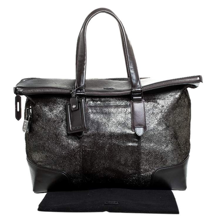 Pre Owned TUMI Black/Silver Calf hair and Leather Stamford Weekender Bag