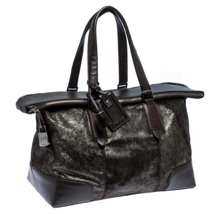 Pre Owned TUMI Black/Silver Calf hair and Leather Stamford Weekender Bag