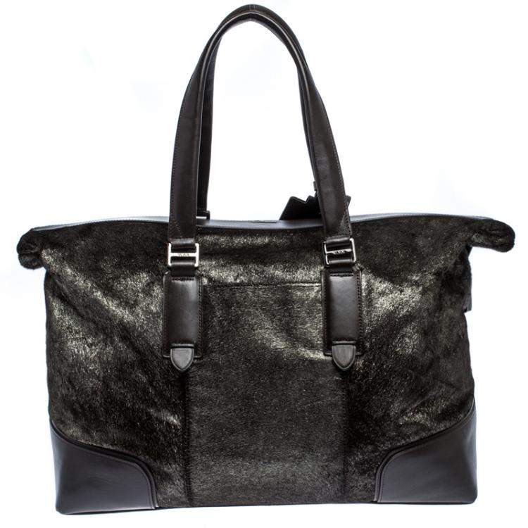 Pre Owned TUMI Black/Silver Calf hair and Leather Stamford Weekender Bag