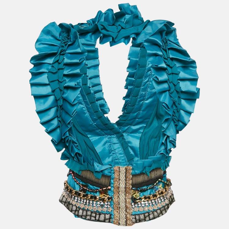 مملوكة مسبقًا Tuvanam Blue Crepe Embellished and Ruffled Top M