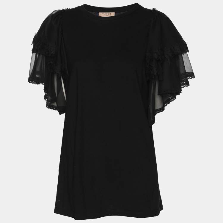 Pre Owned Twinset Black Cotton Ruffled Tops M