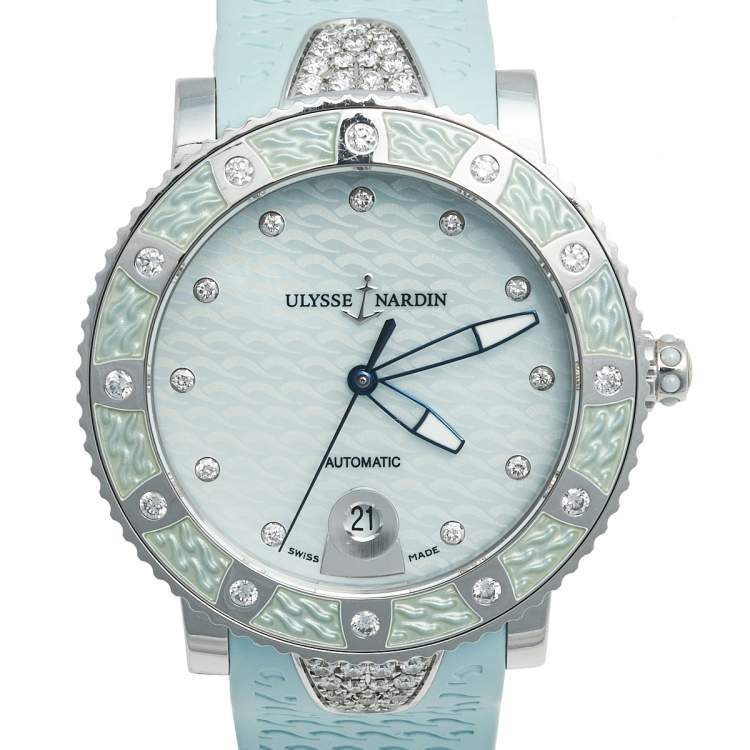 Pre Owned Ulysee Nardin Mother of Pearl Diamond Stainless Steel Rubber Lady Diver 8103-101  Women's Wristwatch 40 mm