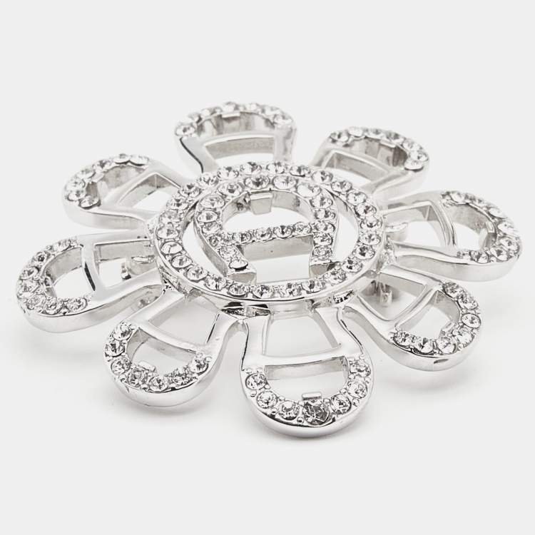 Pre Owned Aigner Silver Tone Crystal Floral Pin Brooch
