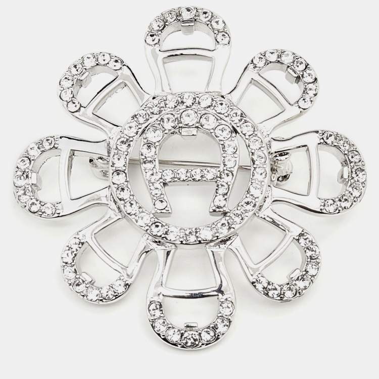 Pre Owned Aigner Silver Tone Crystal Floral Pin Brooch