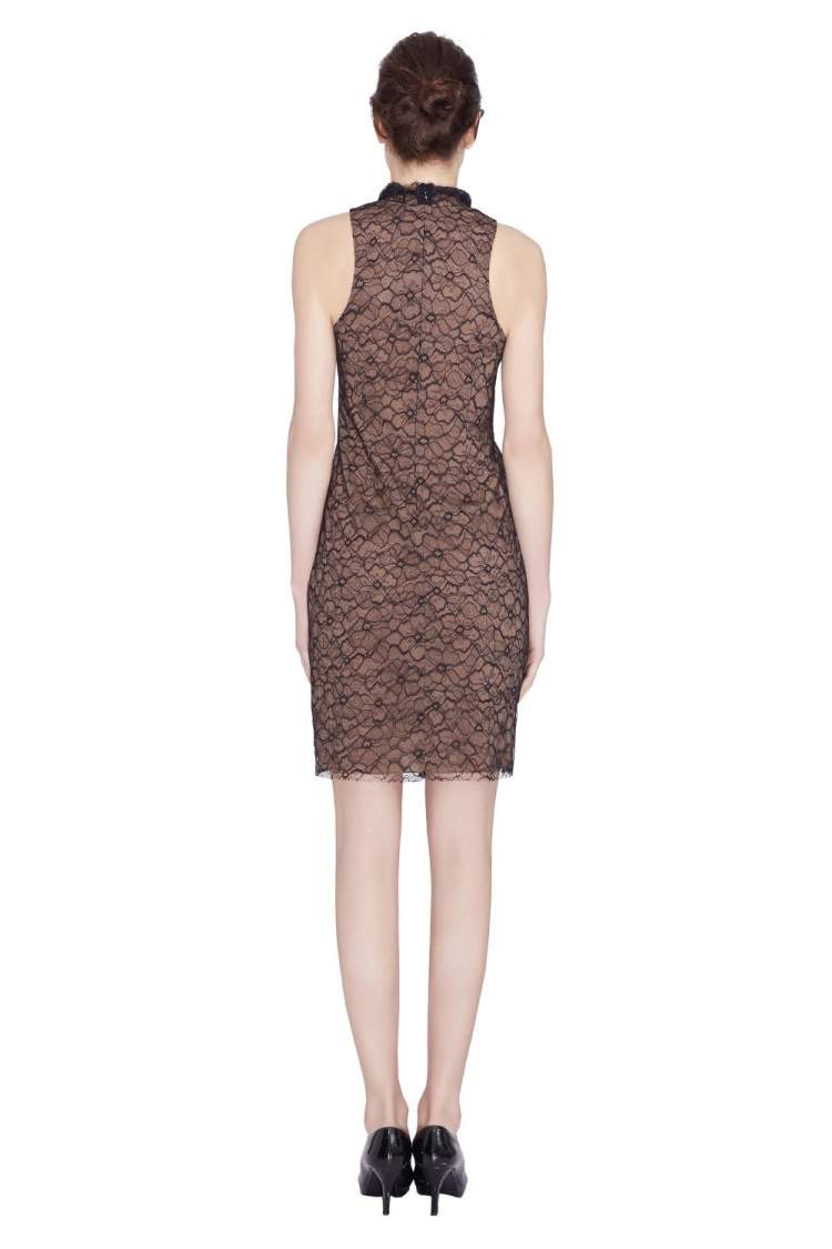 Pre Owned Vera Wang Collection Black Floral Lace High Cowl Neck Sleeveless Dress S